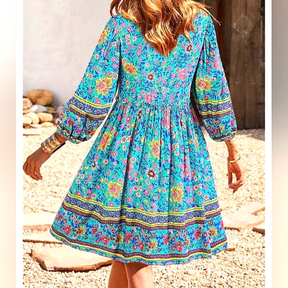 BOHEMIAN STYLE BABYDOLL Yellow & Blue Tiered Mini Dress with V-Neck NWOT SIZE S - Picture 4 of 9